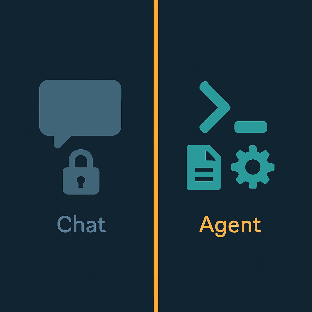 Two-panel comparison: left panel shows a speech-bubble icon labeled 'Chat' representing a passive interface; right panel shows a terminal icon with file and gear icons labeled 'Agent' representing Codex CLI's active, file-aware approach.