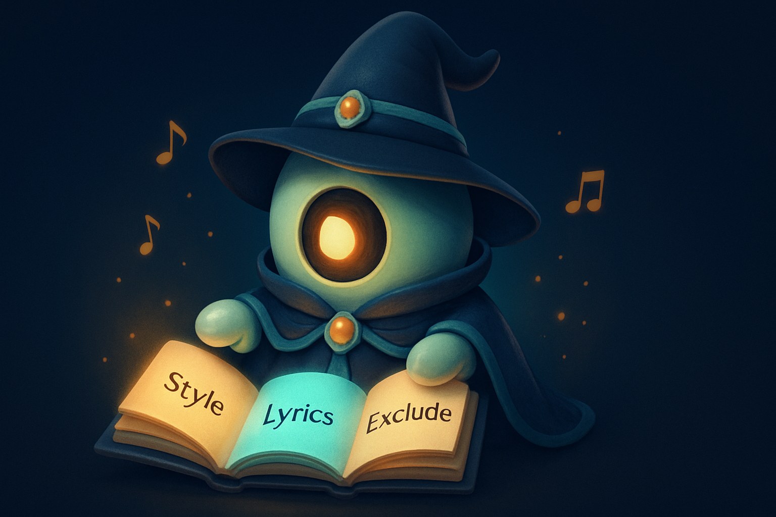 The dailyblip wizard robot mascot holds an open glowing spellbook split into three pages labeled Style, Lyrics, and Exclude, with amber sparks floating around it against a deep navy background.
