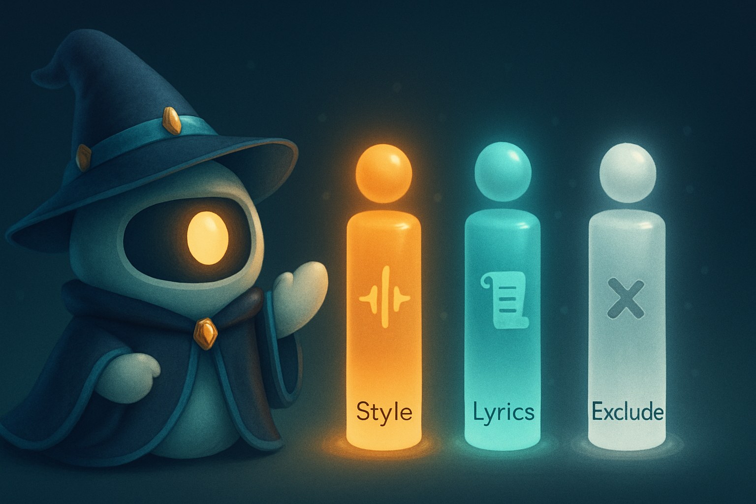 The dailyblip wizard robot mascot gestures toward three glowing columns representing Suno's Style, Lyrics, and Exclude fields, each showing a distinct icon for what belongs in it.