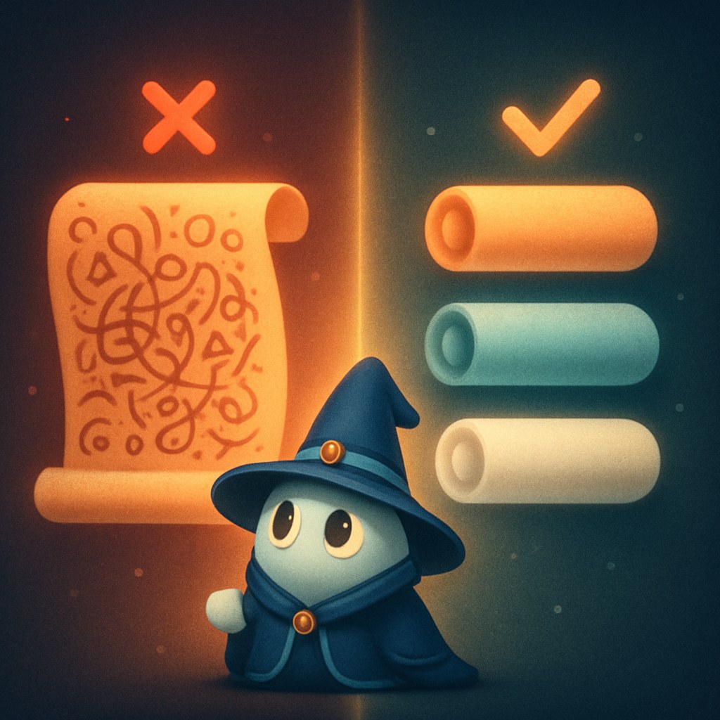 Split comparison showing a single chaotic overloaded scroll on the left versus three clean separate scrolls on the right, with the wizard robot mascot at the center bottom looking up at both.