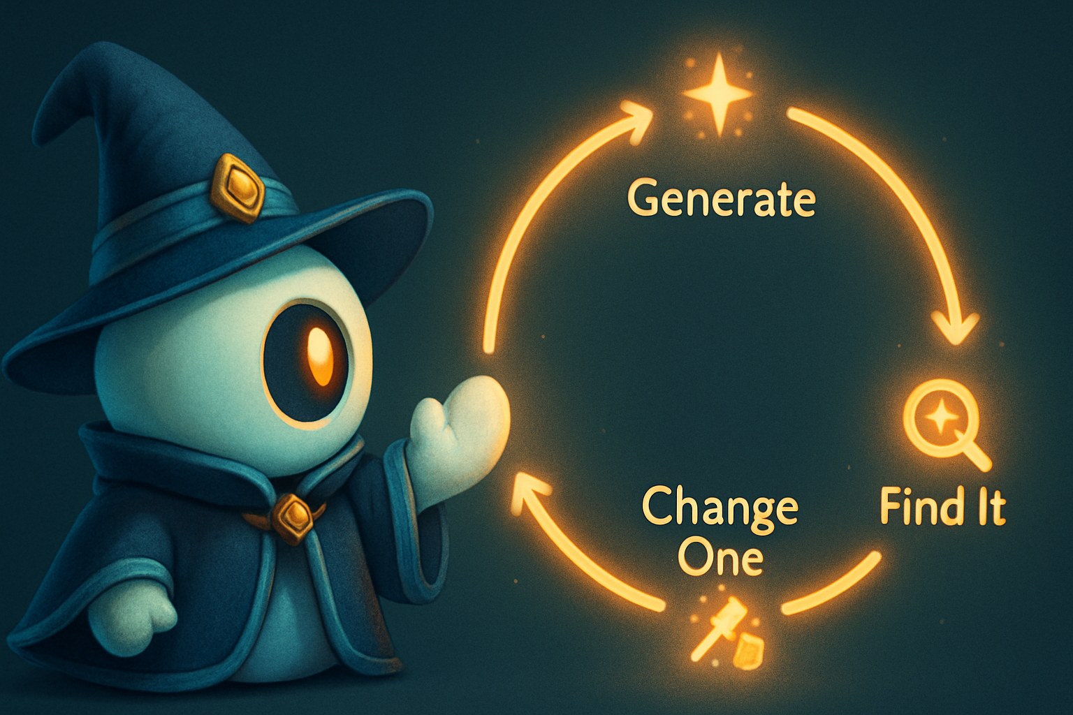 The wizard robot mascot gestures toward a glowing circular loop with three stations — Generate, Find It, and Change One — representing the one-thing-at-a-time debugging cycle for Suno prompts.
