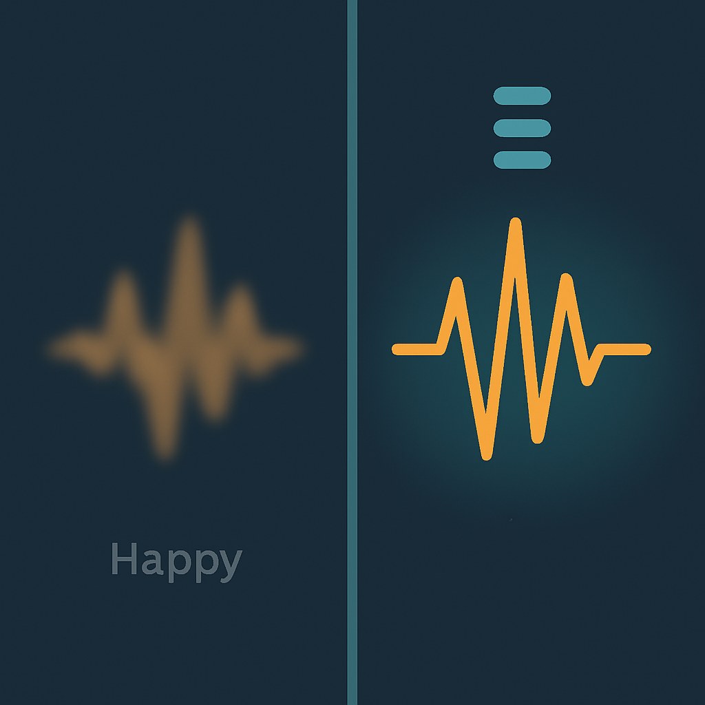 Side-by-side comparison: a blurry, unfocused waveform labeled 'Happy' on the left versus a sharp, well-defined waveform with a stack of specific prompt tags on the right