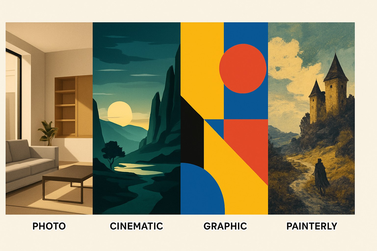 Four side-by-side panels illustrating the distinct visual styles of different AI image generators: photorealistic, cinematic, graphic, and painterly.