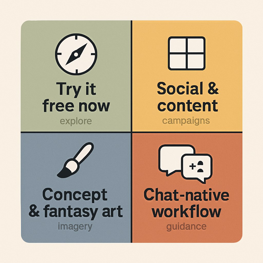 A 2×2 decision matrix matching four creative use-cases — try it free, social content, concept art, chat-native workflow — to different starting points.