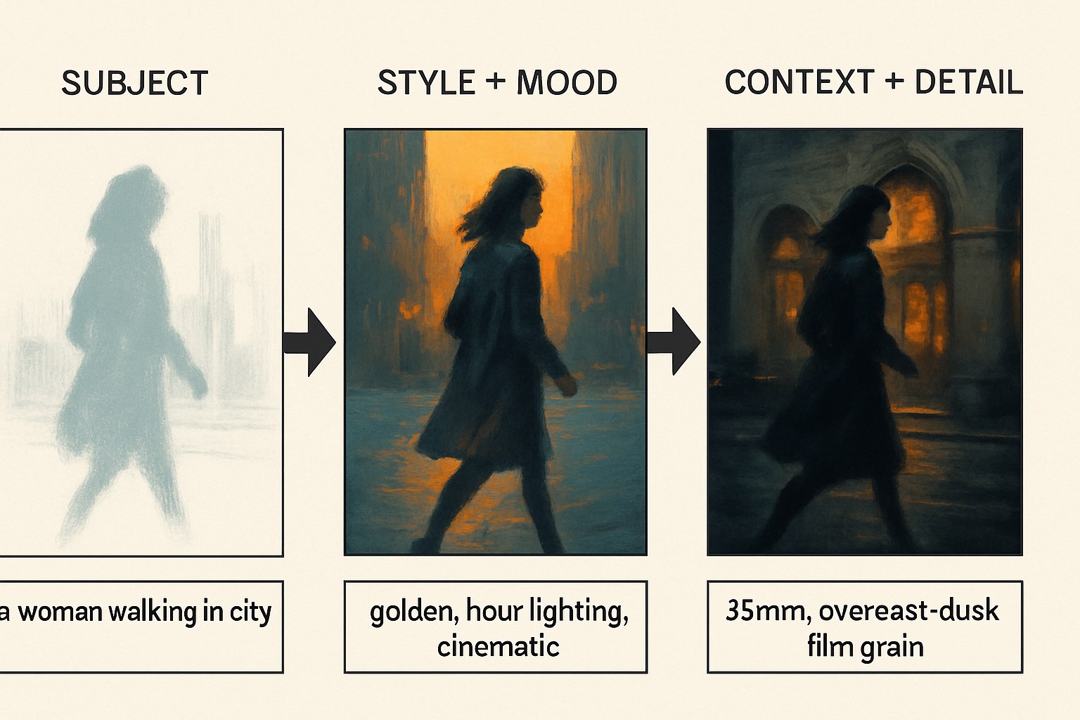 A three-stage workflow diagram showing how a vague prompt ('a woman walking in a city') gains specificity through style, mood, and context layers to produce a detailed cinematic result.