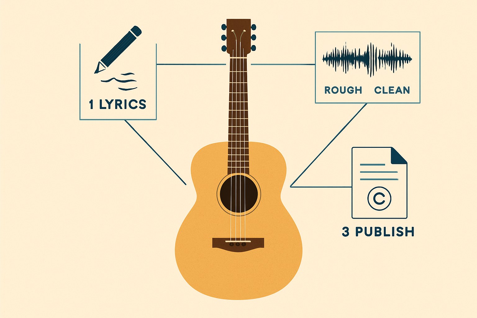 Diagram showing an acoustic guitar at center with three surrounding nodes representing AI uses: lyric help, audio cleanup, and publishing rights