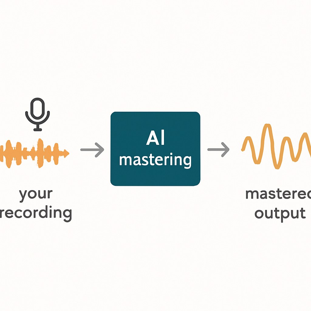 Three-stage workflow diagram: rough home recording passes through an AI mastering processor and emerges as a cleaner mastered output