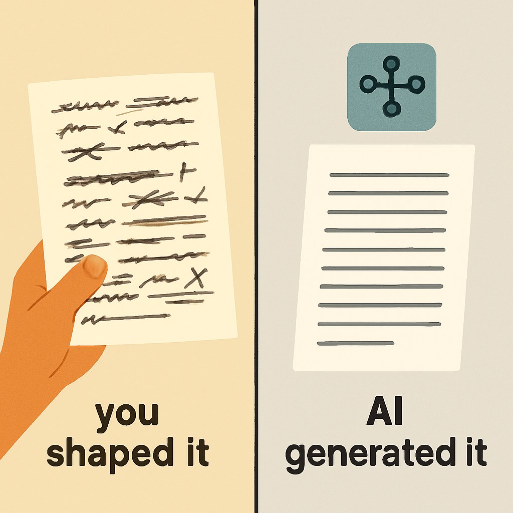 Two-panel illustration contrasting a human-edited lyric draft on the left with an untouched AI-generated printout on the right, labeled 'you shaped it' versus 'AI generated it'