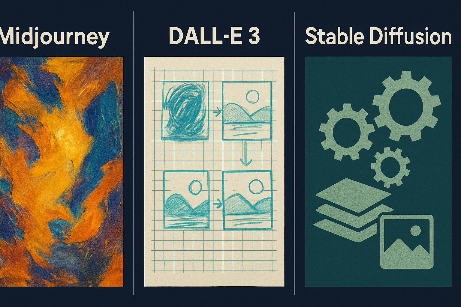 A triptych editorial illustration showing three AI image generators — Midjourney, DALL·E 3, and Stable Diffusion — each represented by a distinct visual metaphor: painterly craft, iterative sketches, and technical layering.
