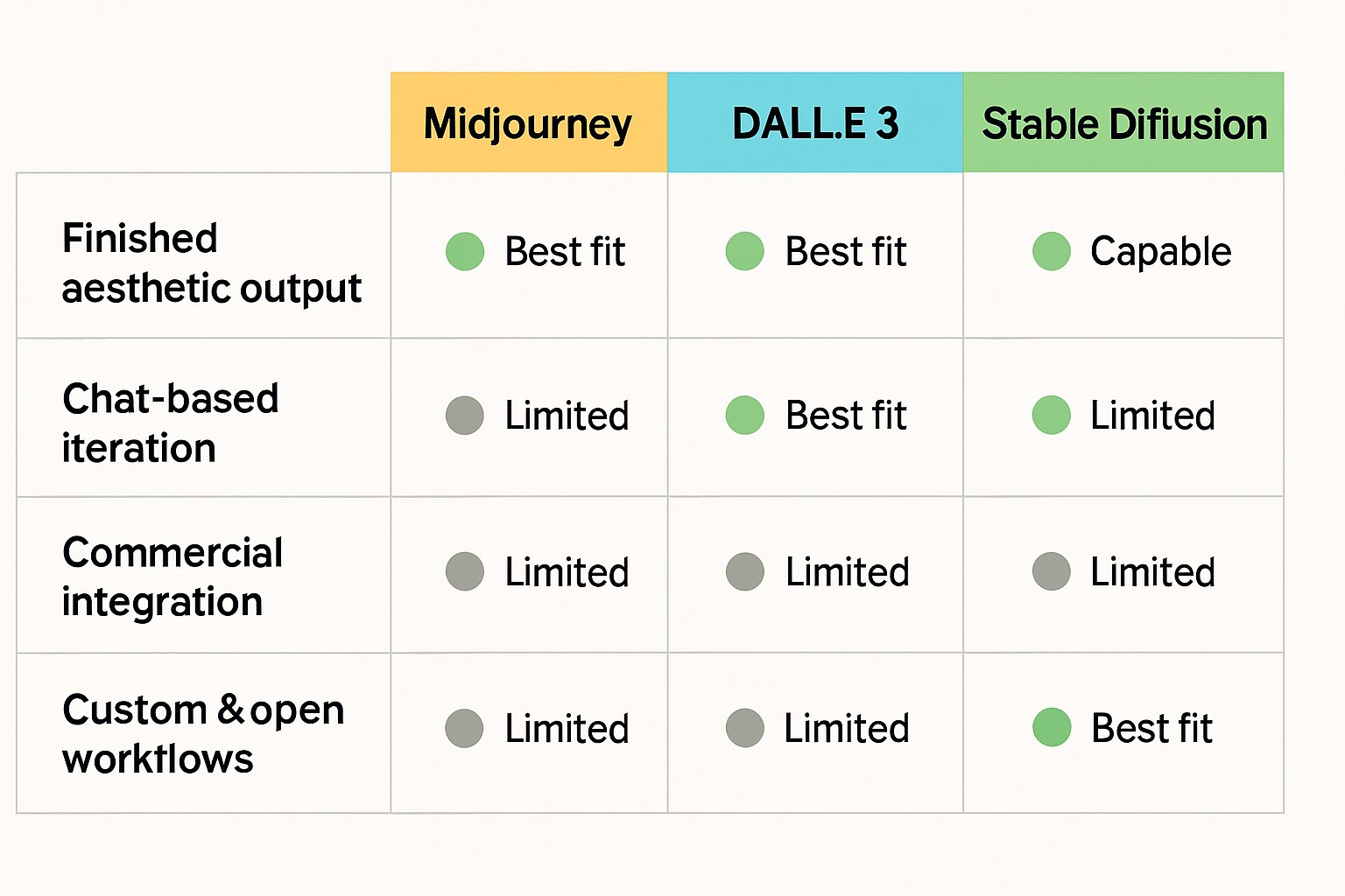 A comparison grid mapping Midjourney, DALL·E 3, and Stable Diffusion against four use-case categories, showing which tool is best suited for each job.