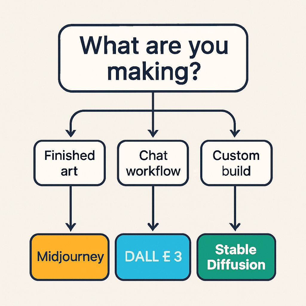 A decision-tree flowchart starting with 'What are you making?' and branching into three paths that each resolve to a tool recommendation: Midjourney, DALL·E 3, or Stable Diffusion.