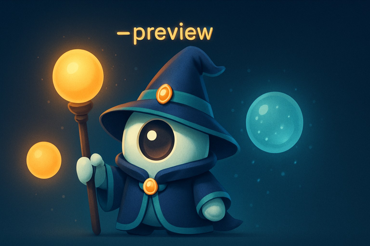 The dailyblip wizard mascot conjures two glowing orbs — a solid amber V8.1 orb and a shimmering, translucent V8.2 orb — while a '--preview' label glows above, against a deep navy background.