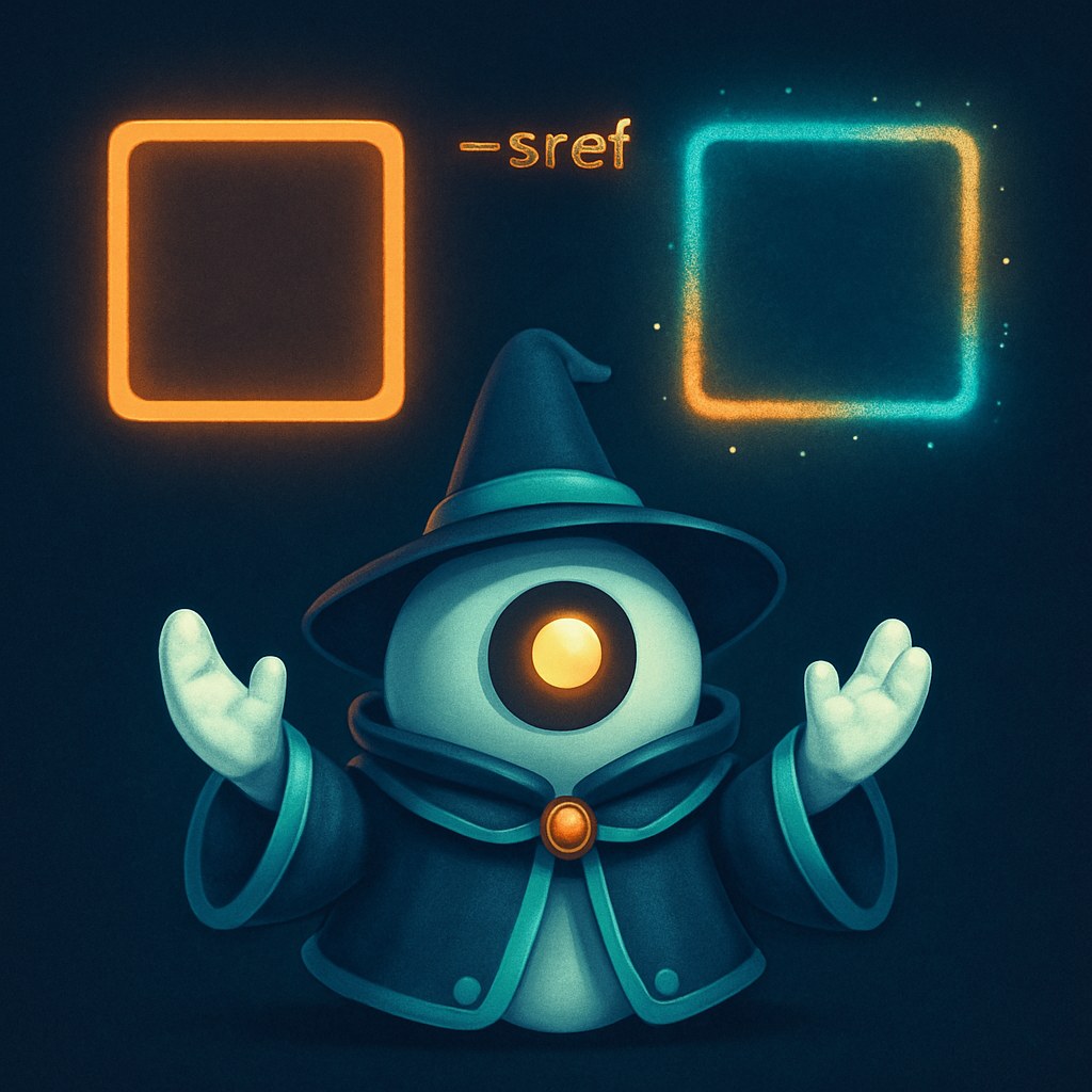 The wizard mascot conjures two floating frames — a crisp amber V8.1 output on the left and a shimmering, unstable V8.2 preview output on the right — with a '--sref' rune glowing between them.