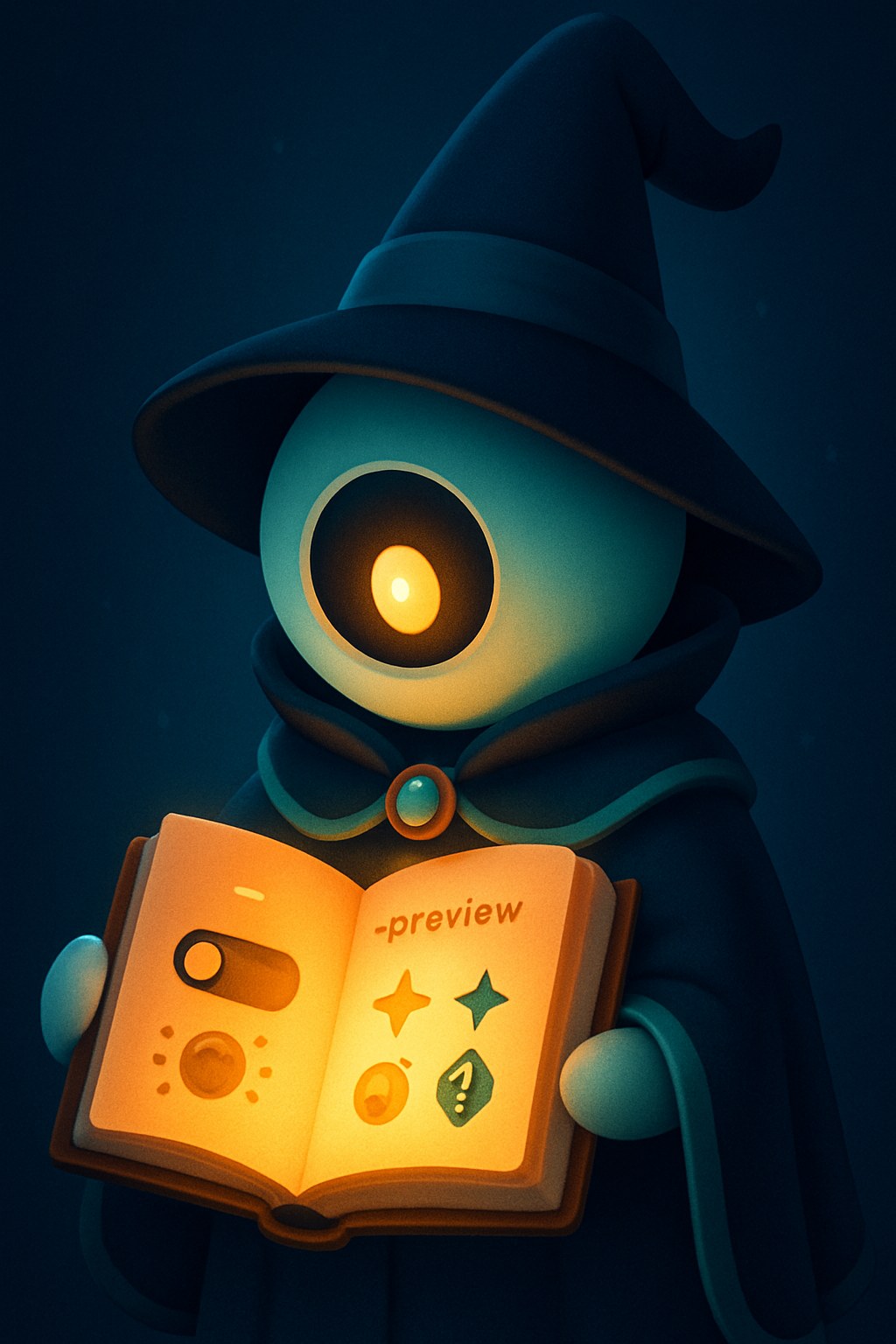 The wizard mascot looks into its glowing spellbook, which shows a '--preview' rune at the top and four symbolic icons: a toggle switch, a star, a flickering orb, and a question-mark gem.