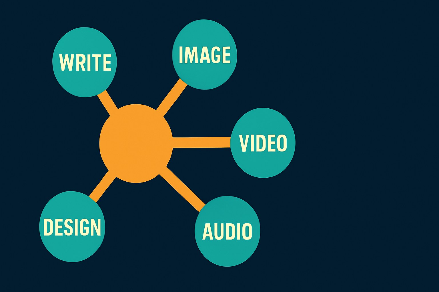 Editorial diagram showing five AI creative categories — Write, Image, Video, Audio, Design — radiating from a central amber hub on a deep navy background.