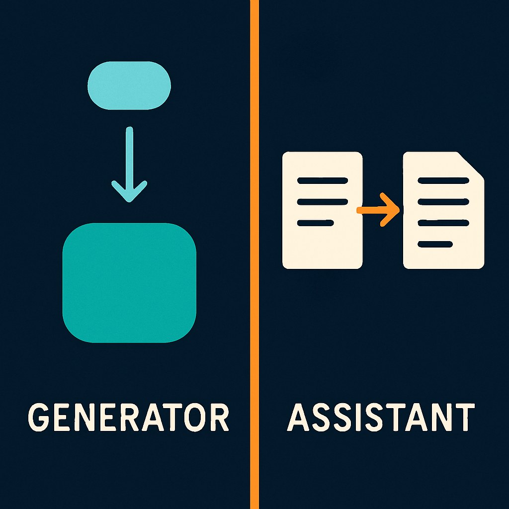 Split diagram comparing AI generators (create from a prompt) and AI assistants (improve what you bring), the two main tool types covered in this guide.