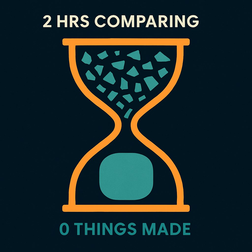 Hourglass illustration: upper chamber full of scattered fragments representing hours spent comparing tools, lower chamber showing zero output — visualizing the guide's warning against comparison paralysis.
