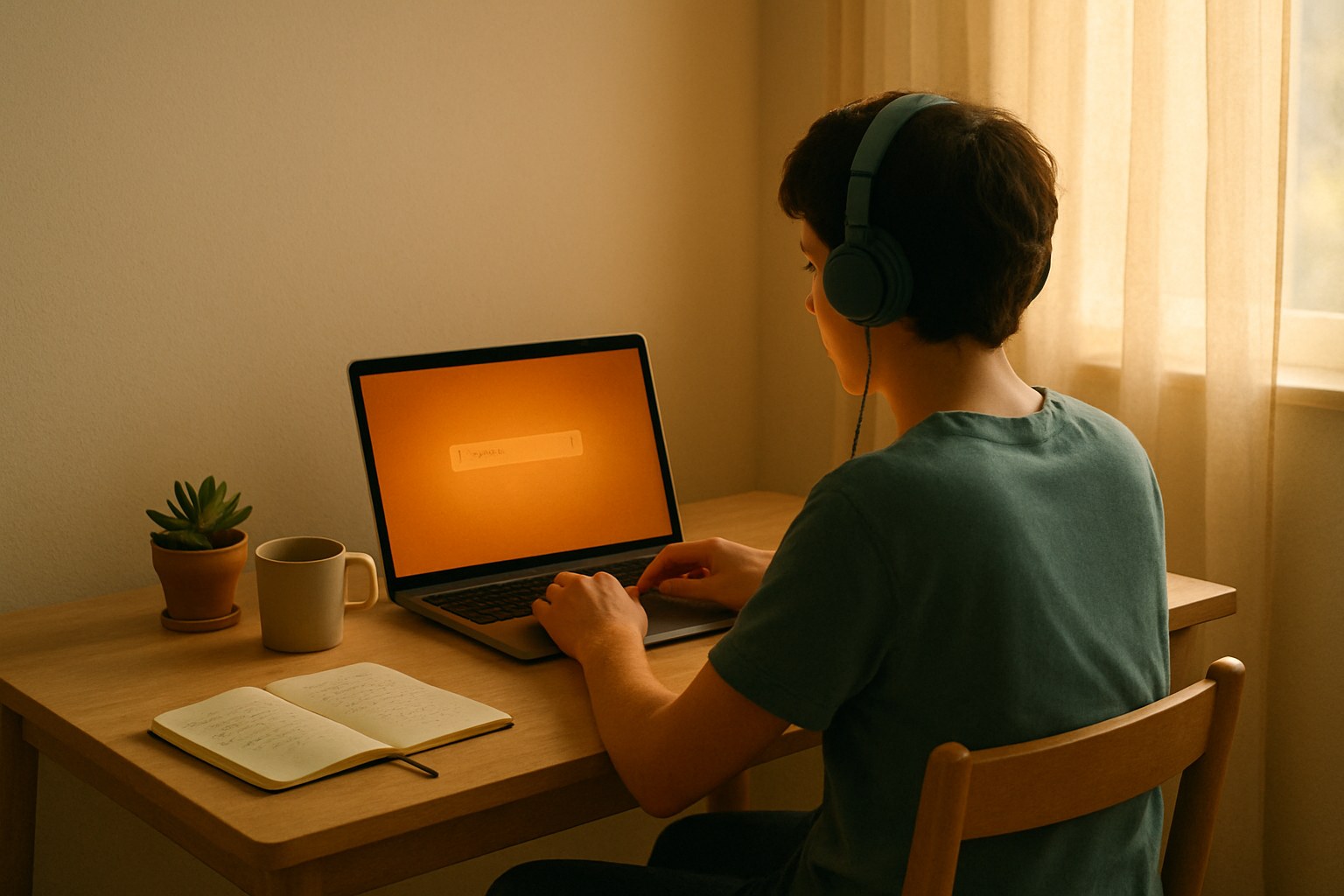 A person with headphones types a music prompt into a laptop at a warm, minimal desk setup