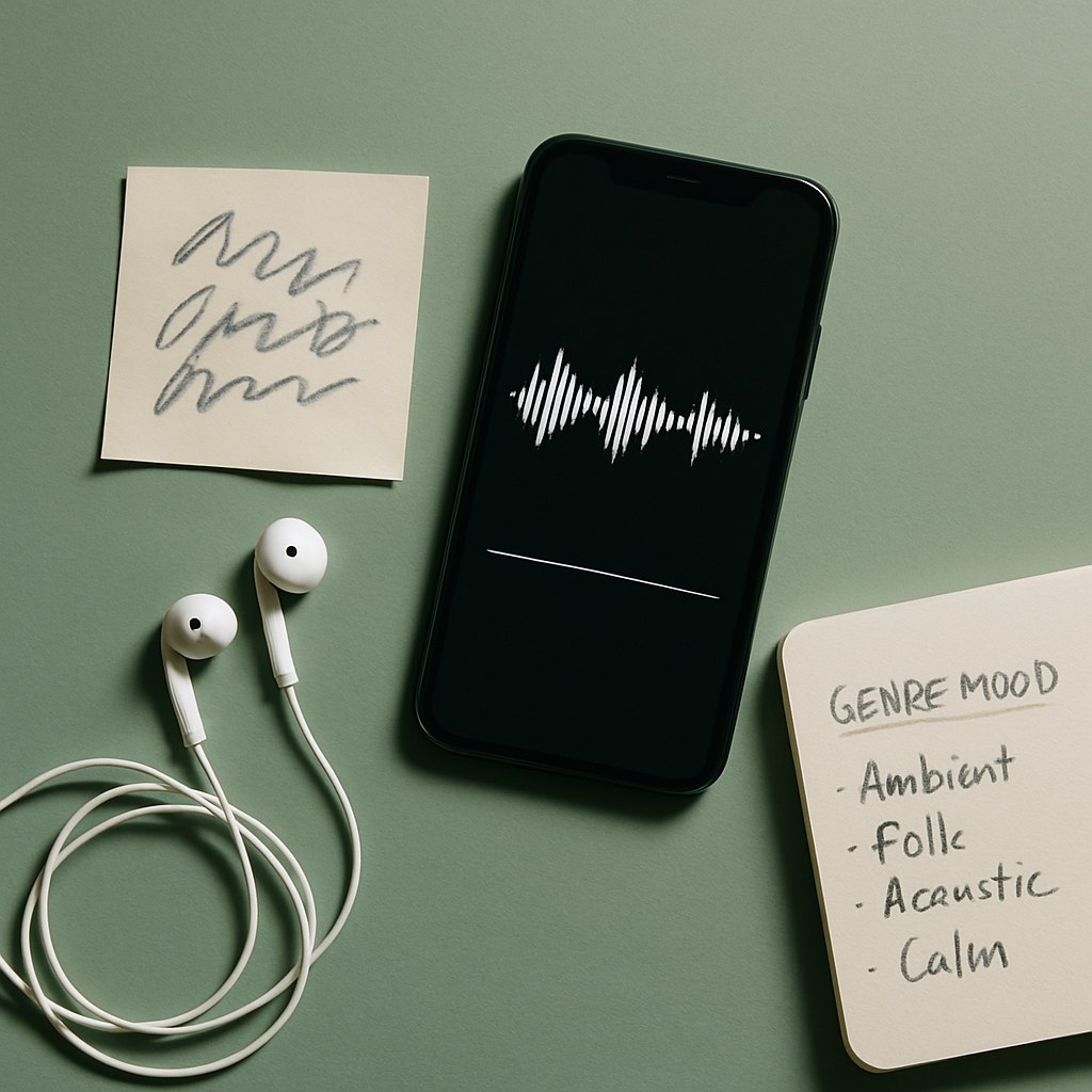 Flat-lay of a smartphone with audio waveform, earbuds, and handwritten creative notes suggesting a first AI music generation workflow