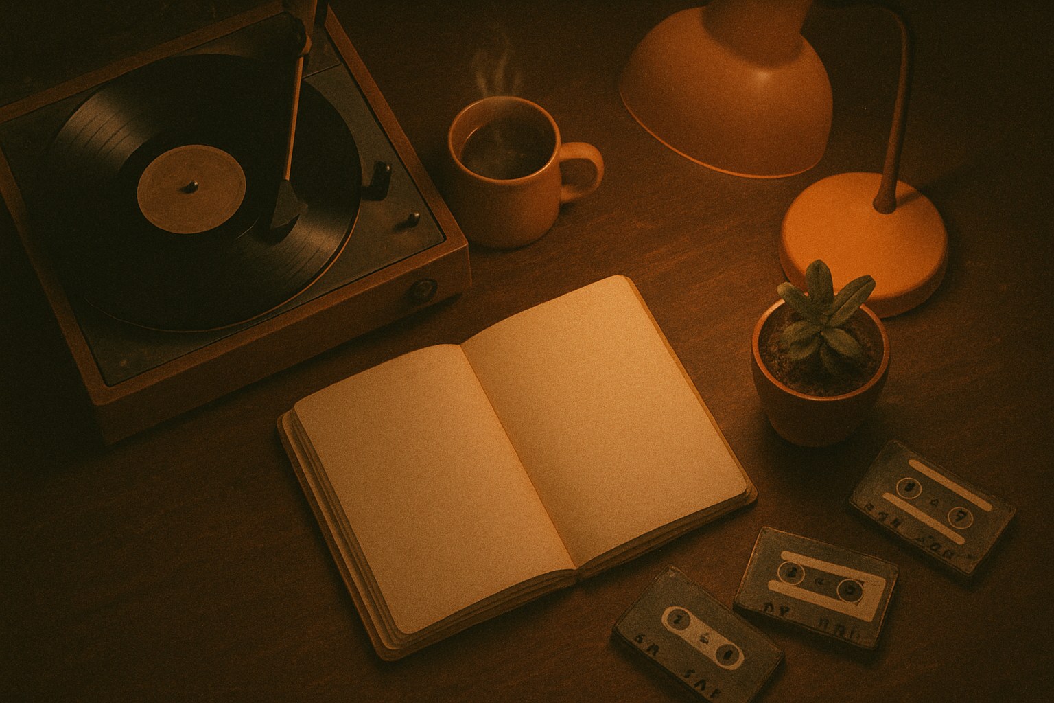 Lo-fi aesthetic flat-lay with record player, vinyl, steaming mug, and cassette tapes on a warm wooden desk