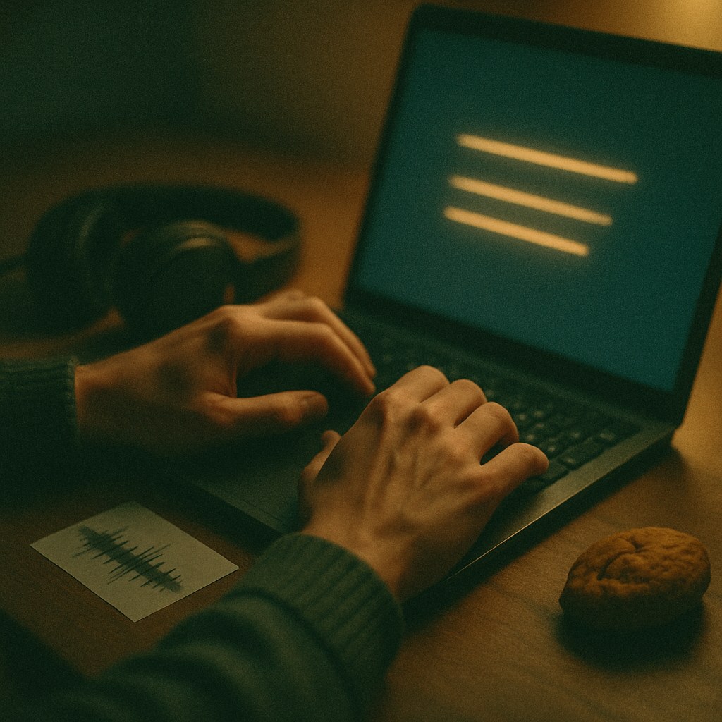 Person typing a music prompt on a laptop in a cozy dim workspace with headphones nearby