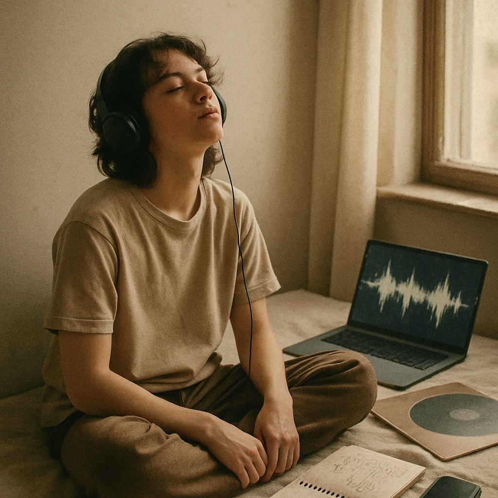 Young creator listening to generated lo-fi music through headphones in a relaxed, casual home setting