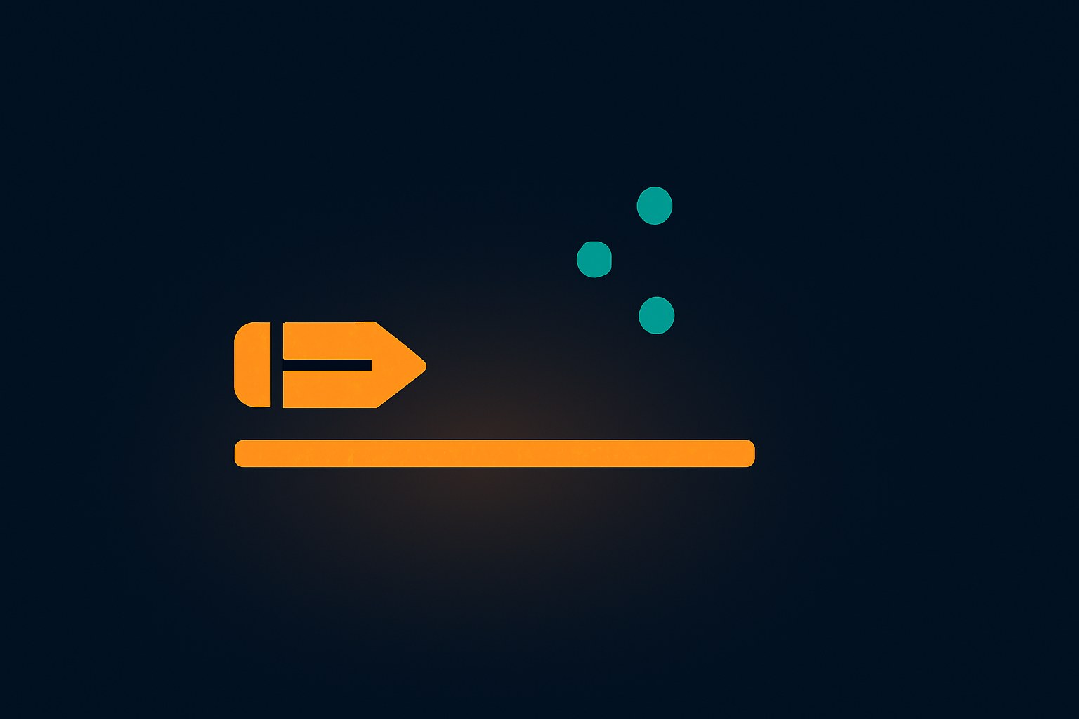 A glowing amber bar representing the one-sentence core loop centered on a dark navy background, with small aqua icons for art, sound, and progression orbiting at a distance