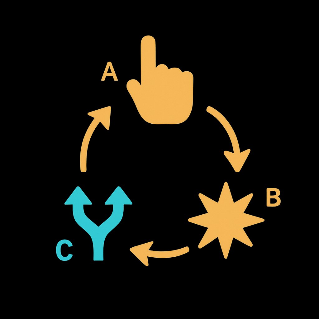 A circular loop diagram with three nodes — Action, Outcome, and a highlighted amber Decision node — showing that a working game loop requires a real player choice at the end of each cycle