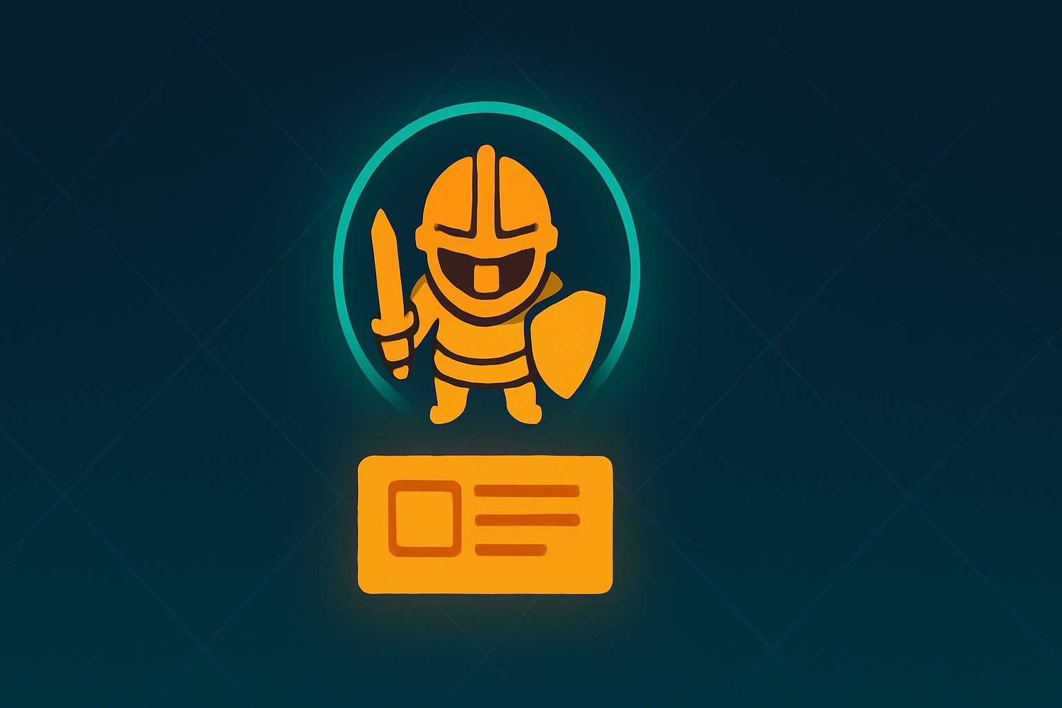 A flat vector illustration of a top-down RPG character sprite in amber rising from a glowing amber document card, set against a deep navy background with an aqua halo — representing AI-generated sprite art anchored by a style brief