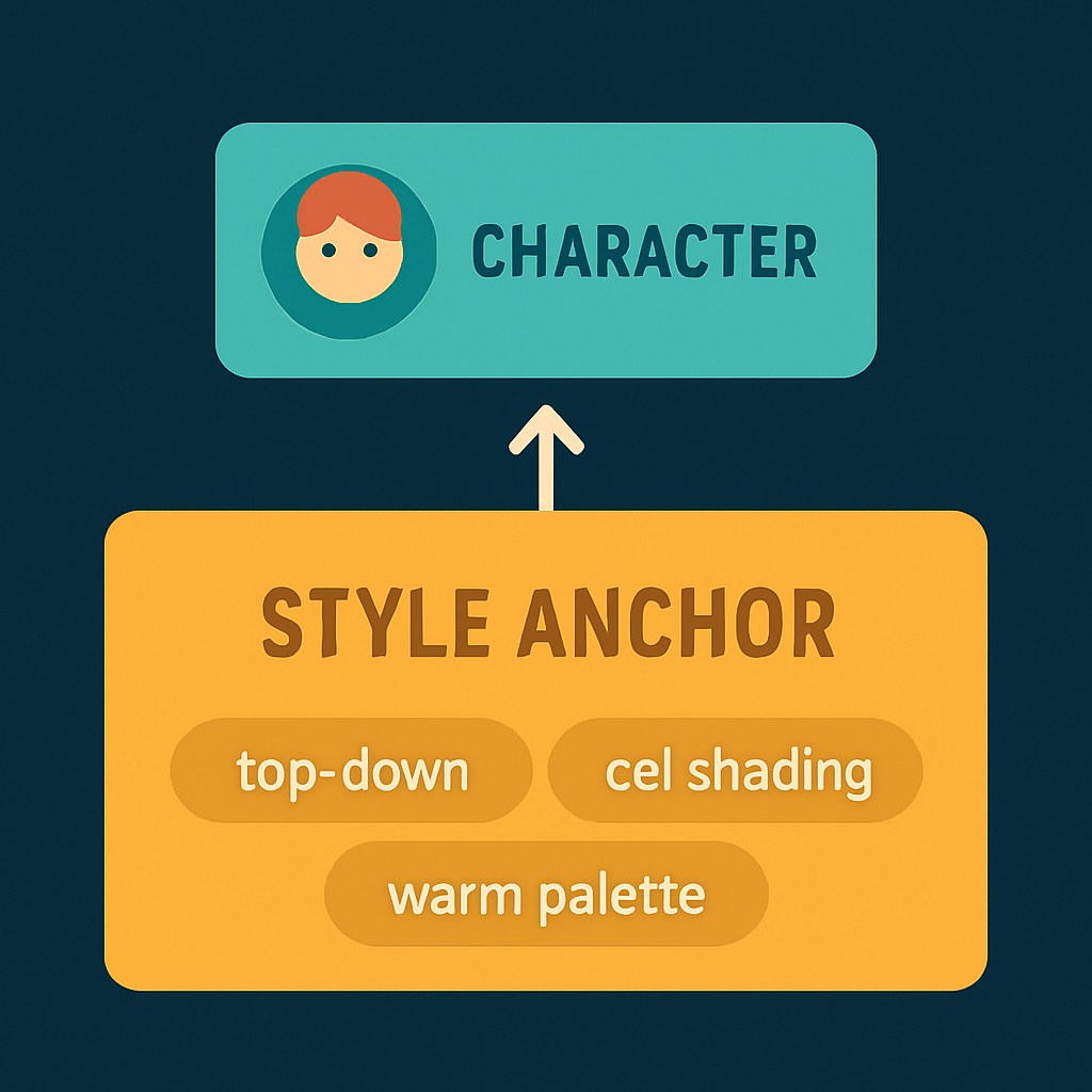 A two-layer diagram showing a style anchor band at the bottom in amber and a character-specific band on top in aqua, connected by an upward arrow — illustrating how to stack prompt elements for consistent sprite art