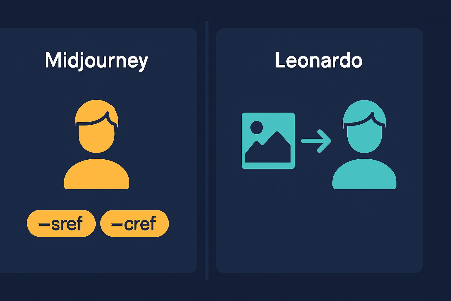 A split-panel comparison showing Midjourney on the left with amber accents and --sref/--cref parameter badges versus Leonardo.ai on the right with aqua accents and a character reference icon flow