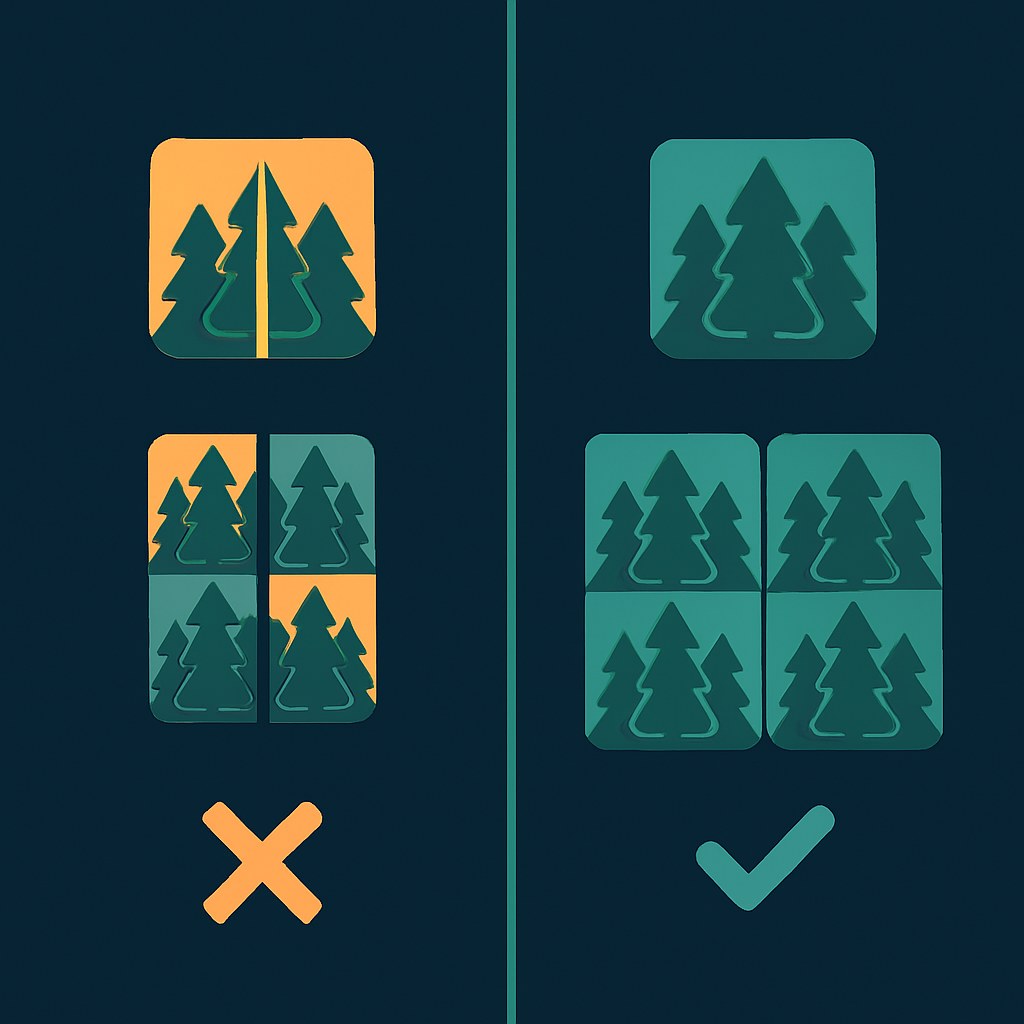 Left half shows an AI-generated forest tile with a visible seam and its ugly 2×2 repeat; right half shows the same tile after seam correction with a clean seamless 2×2 repeat.