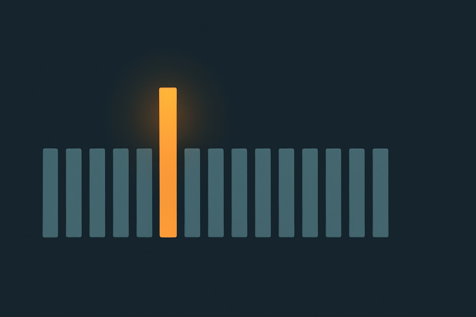 A row of nearly identical muted bars at the same height, with one tall amber bar standing out sharply from the rest — representing a distinctive voice breaking through the statistical average of AI-generated content.