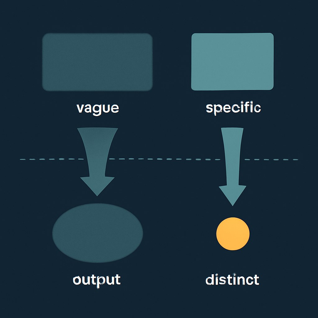 A split funnel diagram: a vague prompt on the left flows down into a wide muted blob representing average AI output, while a specific prompt on the right narrows to a sharp amber point representing distinct, precise output.