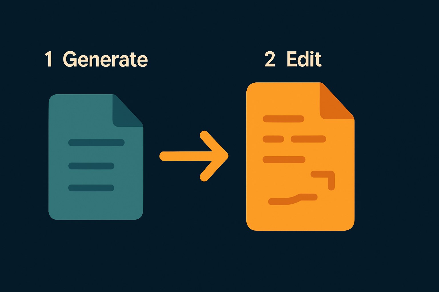 A two-step workflow: a small teal document icon labeled 'Generate' on the left, connected by an amber arrow to a larger amber document icon labeled 'Edit' on the right — the editing step shown as visually heavier to emphasize it's where the real work happens.