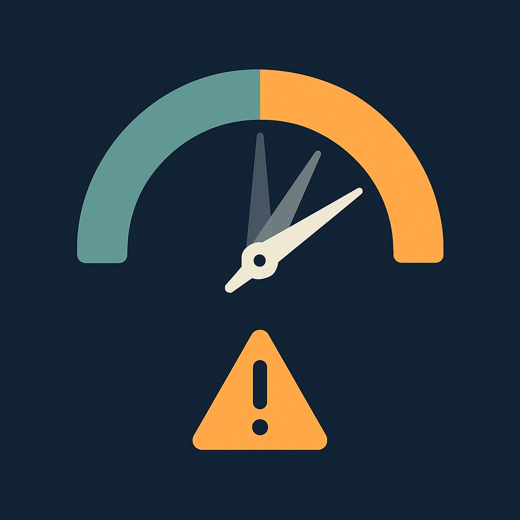 A semicircular gauge with its needle shown in three overlapping positions — unable to settle on a reading — with a warning triangle below, representing the wildly inconsistent results of AI detection tools.
