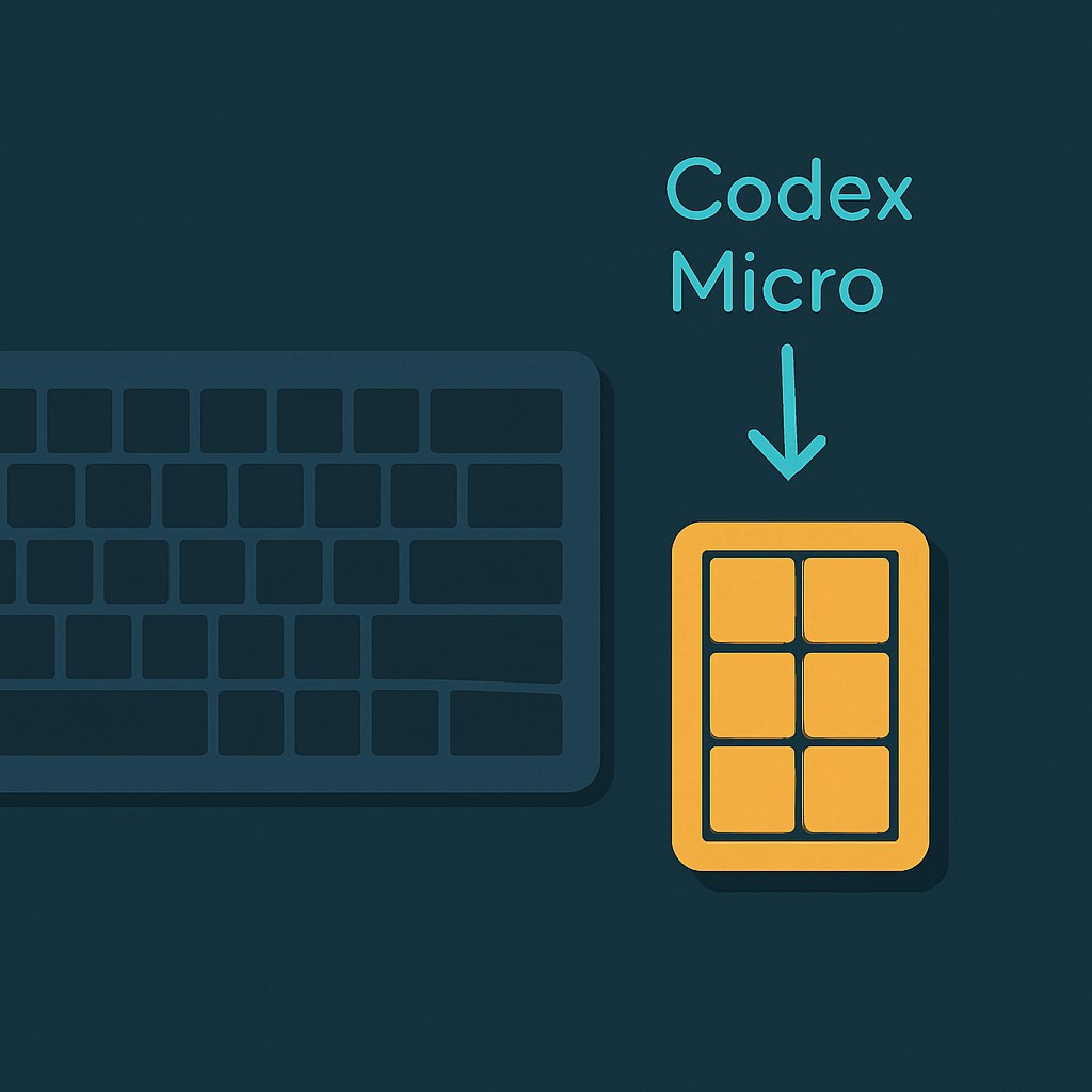 Top-down diagram showing a full-size keyboard beside a smaller amber macropad labeled 'Codex Micro', illustrating that the macropad sits next to, not instead of, a regular keyboard.