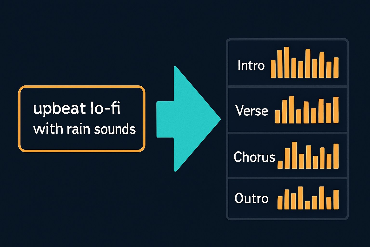 A text prompt on the left transforms through an aqua energy burst into a labeled song structure waveform on the right, on a dark navy background.