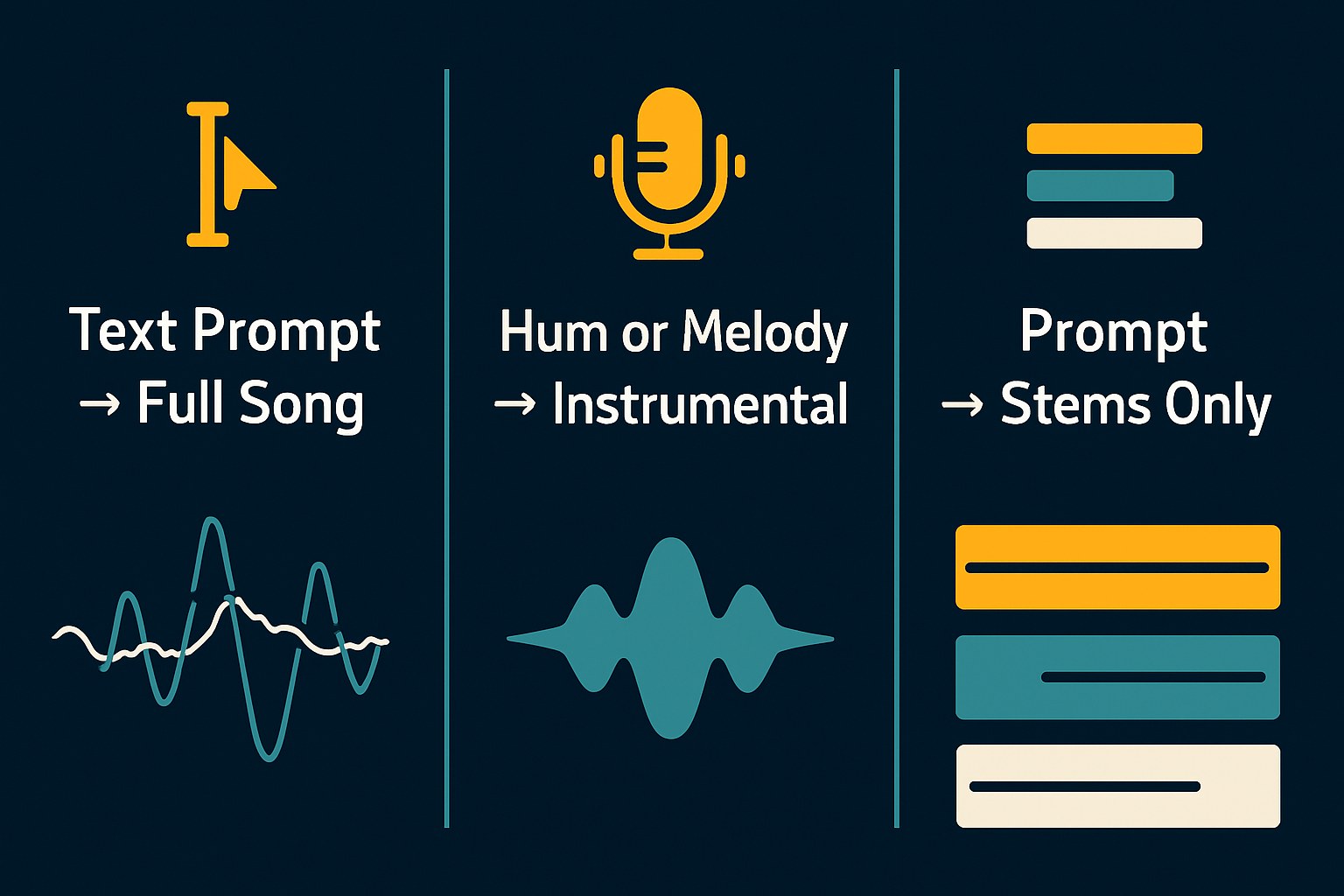 Three-column comparison diagram showing the three main input-output modes of AI music generators: text-to-song, hum-to-instrumental, and prompt-to-stems.