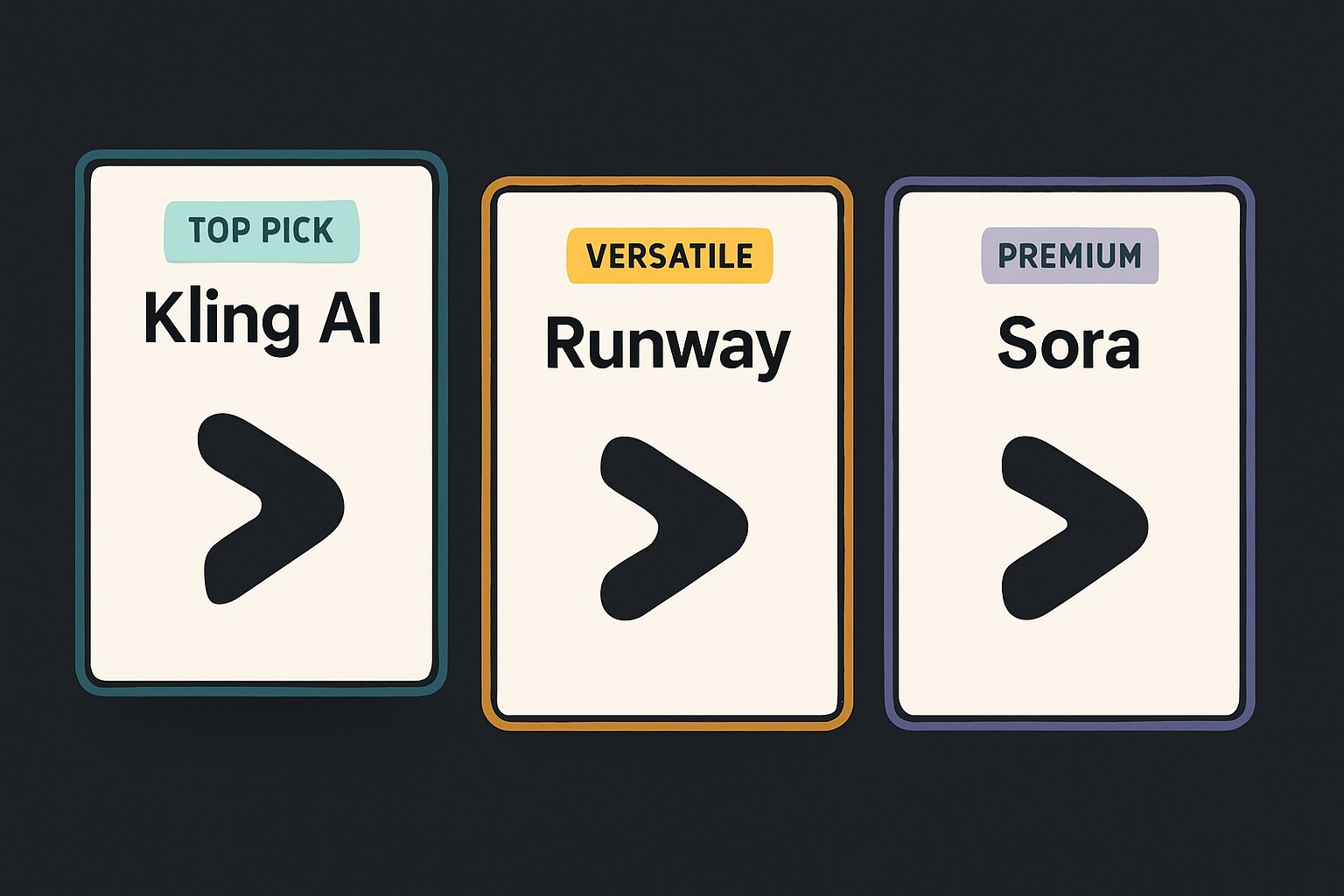 Three labeled cards representing Kling AI, Runway, and Sora, with Kling AI elevated as the top pick among the three AI video generators reviewed.