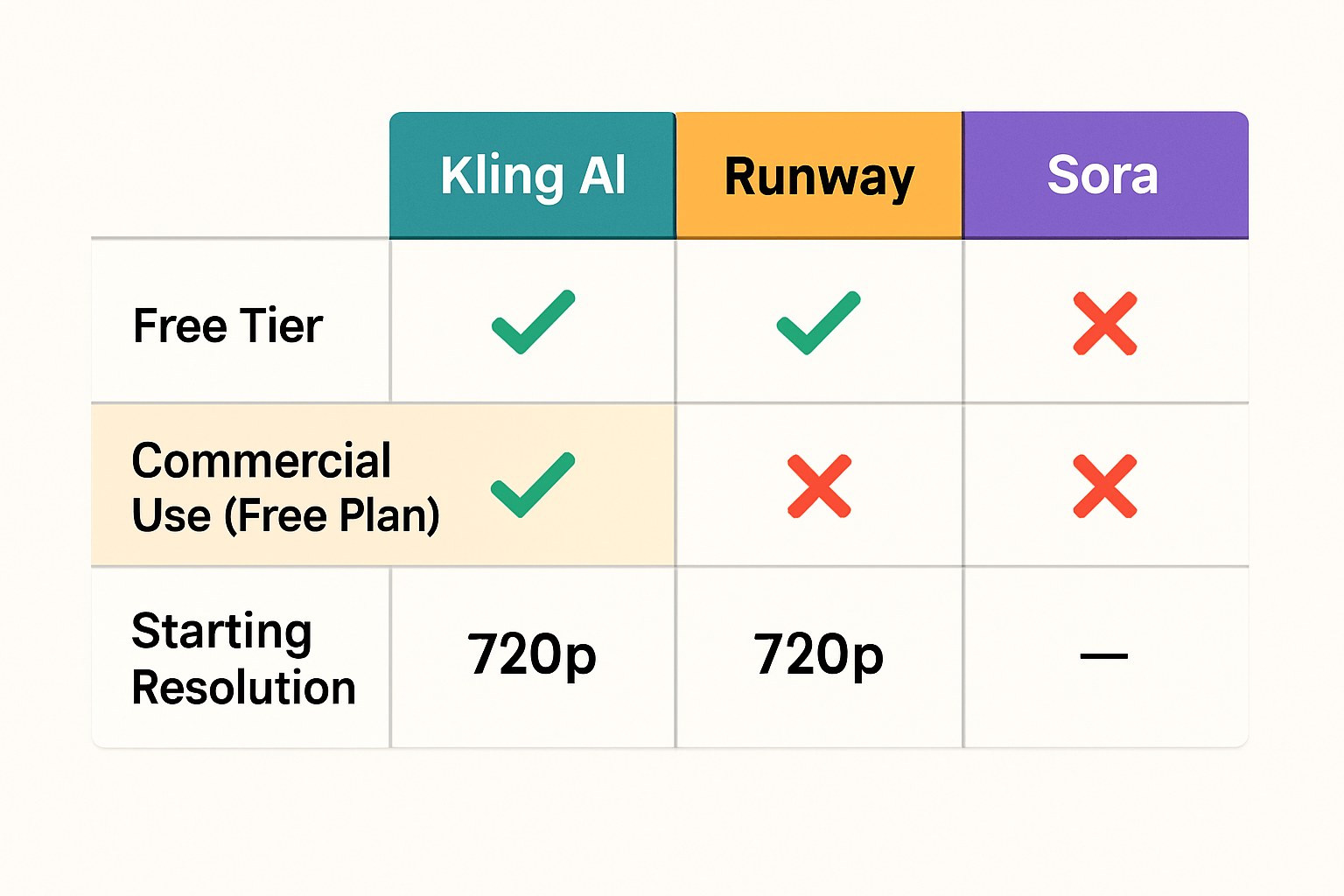 Comparison grid showing Kling AI, Runway, and Sora across free tier availability, commercial use rights on free plans, and starting resolution.