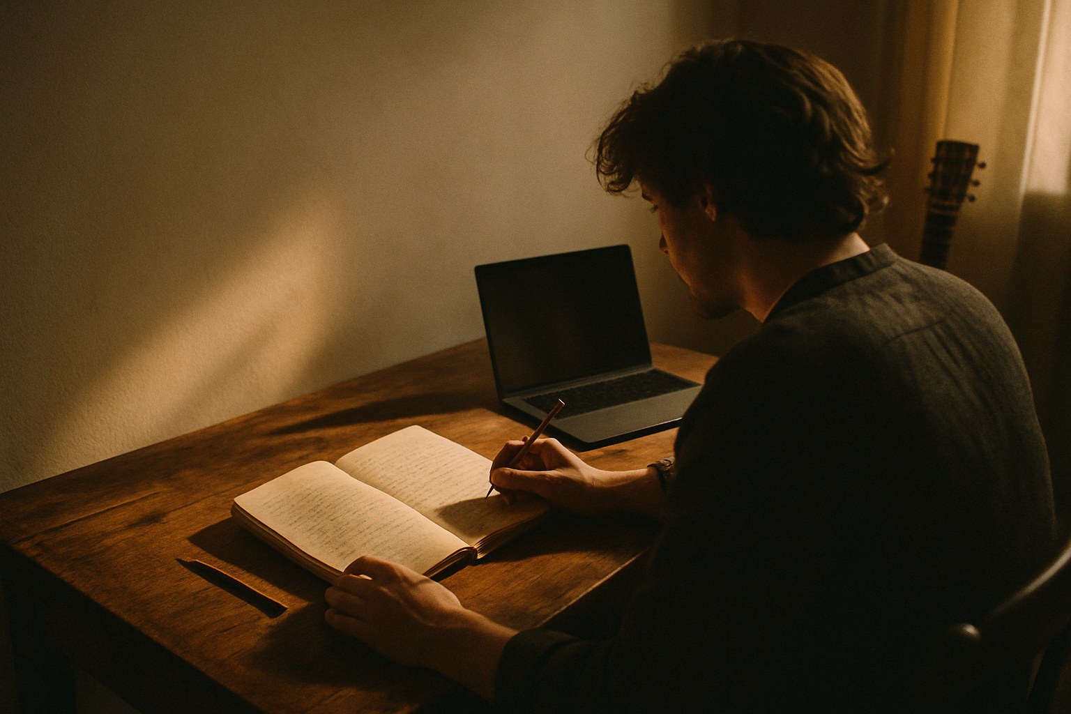 Songwriter at a desk with handwritten lyrics notebook and laptop in a warm studio space