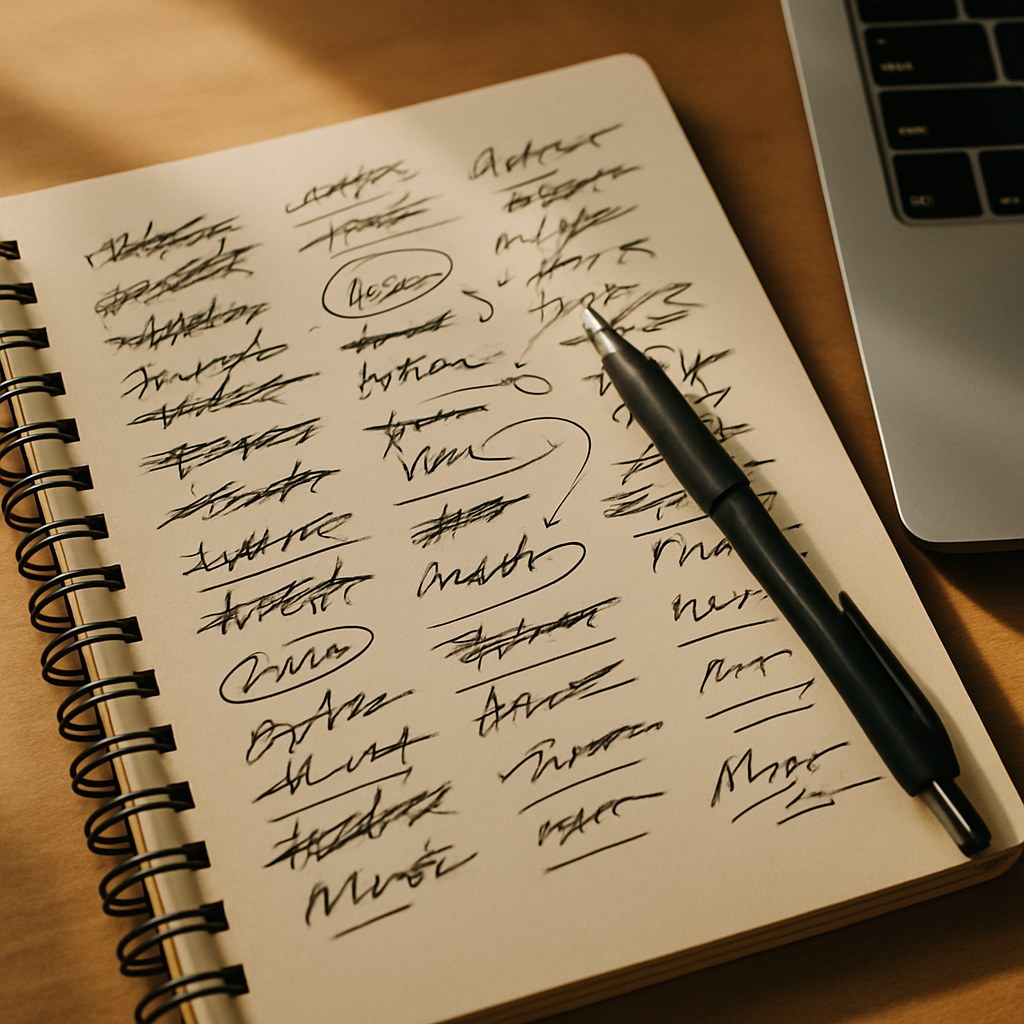 Songwriter's notebook with brainstormed lyric lists, crossed-out phrases, and circled ideas beside a laptop