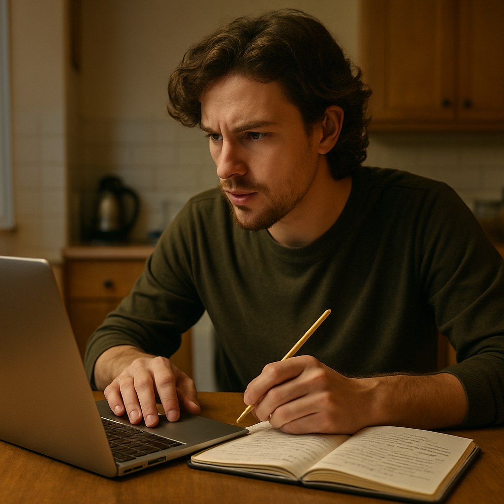 Songwriter comparing handwritten lyrics in a notebook with text on a laptop screen during a revision session
